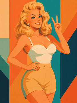 A smiling illustrated woman flashes a peace sign while wearing retro fashion, framed by vibrant orange, teal, and cream abstract shapes with a playful optimistic mood.
