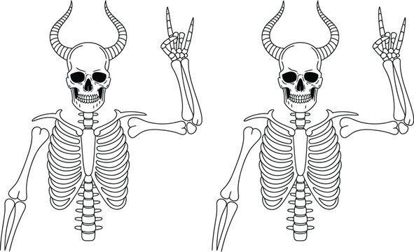Pair of horned human skeletons making rock and roll hand gestures in a black and white line art style with human skeleton halloween creature