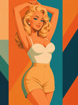 A playful blonde woman poses with her arms raised, combining pinup-inspired confidence and summer style in a vibrant illustrated composition of orange, teal, and cream.