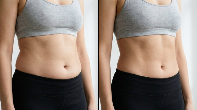 Weight loss before and after comparison. Woman's toned abdomen vs. softer belly.