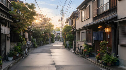 Fototapeta premium Traditional Japanese narrow street in Kyoto at sunset with bicycles and lush plants