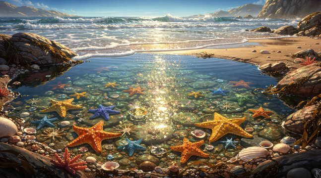 Starfish resting in a sunlit tide pool at the beach
