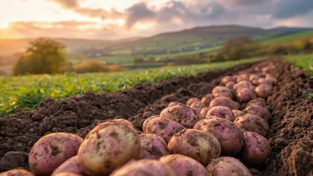 Freshly harvested potatoes in scenic rural landscape at sunset