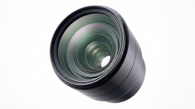 Professional camera lens isolated on white background, showcasing advanced optics and glass elements for high-resolution photography and video production equipment
