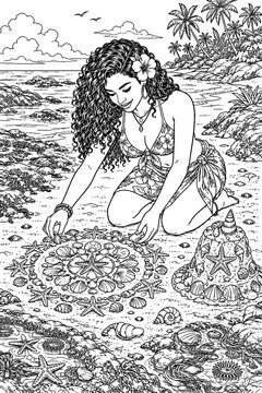 A gentle young woman in a floral swimsuit arranges seashells and starfish on the sand, surrounded by palms and calm water in a richly detailed coloring illustration.