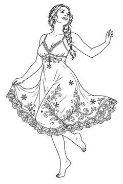 A joyful curvy woman twirls in a flowing embroidered dress, creating a graceful romantic silhouette through detailed black linework against a clean white background for design use.