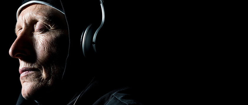 Elderly Christian Nun Listening to Sacred Worship Music on Headphones in Dramatic Side Profile Against Black Background with Copy Space