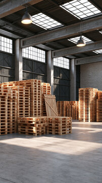 Stacks of Wooden Shipping Pallets Inside Spacious Modern Industrial Warehouse with Sunlight, Logistics Storage and Supply Chain Background