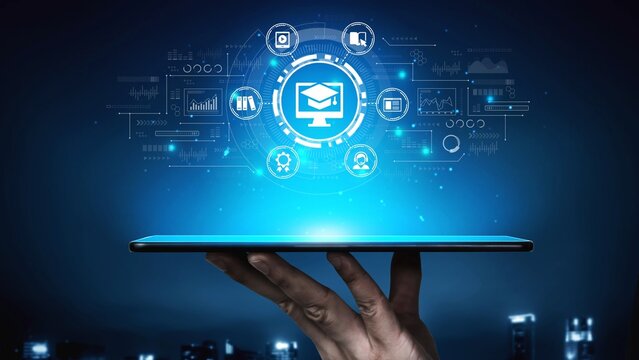 Hand Holding Tablet Displaying Educational Icons with Digital Business Graphs and Data Analysis in a Futuristic Background. Entropy.
