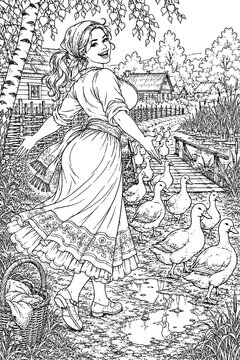 A joyful woman strolls along a country path surrounded by ducks, gardens, ponds, and cottages in an intricate vintage monochrome illustration suited to rustic themes.