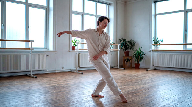 Expressive dancer moves gracefully across sunlit wooden studio floor barefoot