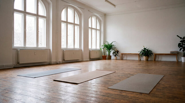 Serene empty yoga studio awaits its next class with three mats on wooden floor