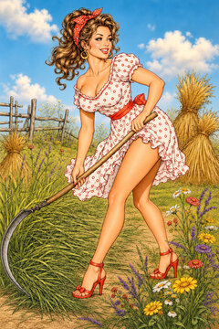 A happy country girl cuts tall meadow grass with a scythe, creating a playful vintage farm scene filled with wildflowers, sunny skies, and nostalgic countryside energy.