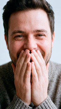 Amused man laughs covering mouth with hands in candid close-up portrait
