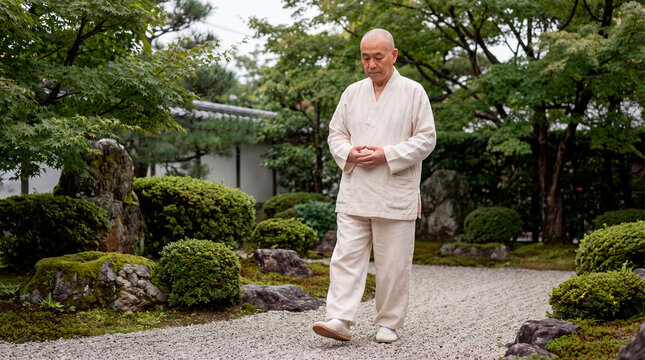Tranquil senior man practices walking meditation through peaceful zen garden