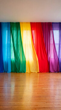 Vibrant rainbow curtains hang softly in sunlit empty wooden studio room