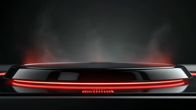 Macro closeup video of a sleek, modern electric stove surface glowing softly with red heating coils beneath smooth black glass