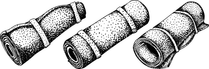 Fototapeta premium Set of rolled camping mats in vintage engraving style
