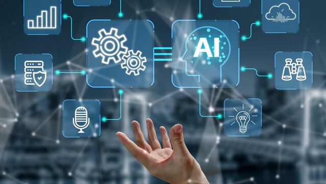 Futuristic technology interface showing artificial intelligence concepts, data processing, and human interaction in a connected digital environment. Entropy.