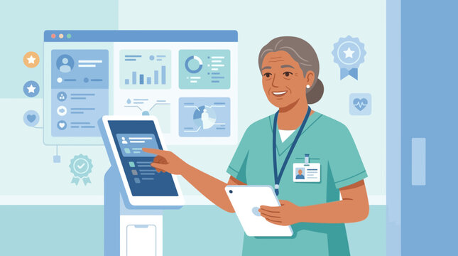 Senior nurse using digital healthcare technology for patient data management