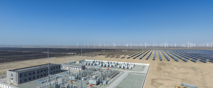 Renewable Energy Base With Solar Wind And Substation In Gobi Desert