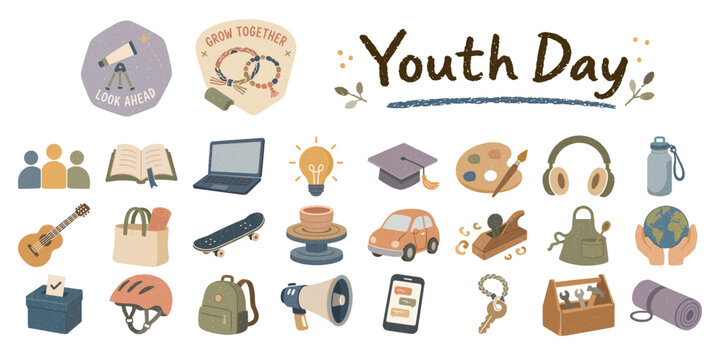 青少年の日のアイコンセット、学び・交流・創造・社会参加/Youth Day Icon Set, Education, Community, Creativity, Social Participation