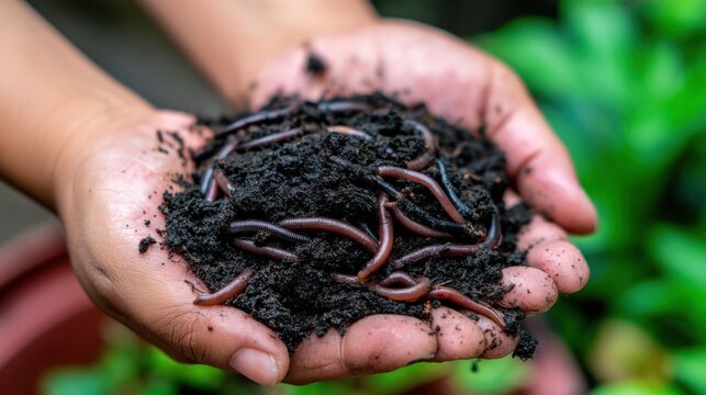 Hands holding rich soil filled with wriggling earthworms, emphasizing natural decomposition and soil health in a green environment.