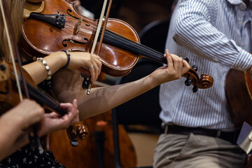 Hands of a woman playing the violin in an orchestra © furtseff