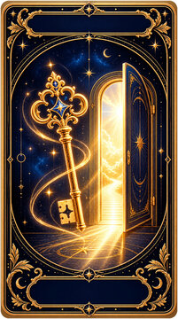 Mystical Golden Key and Door Tarot Card with Celestial Light