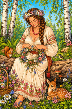 A peaceful young woman weaves a colorful floral wreath while seated in a lush birch grove, accompanied by woodland animals and surrounded by detailed botanical scenery.