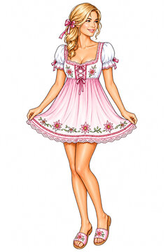 A cheerful blonde woman lifts her floral skirt in a charming pink dirndl, creating a playful traditional fashion illustration isolated against a clean white backdrop.