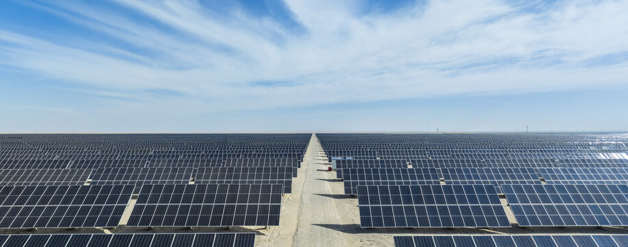Aerial Panoramic View of Large-Scale Solar Energy Power Station in Gobi Desert
