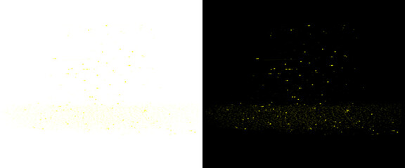 Golden glitter dust explosion on black and white backgrounds, sparkling gold particles overlay, luxury festive magic dust effect © OmarBin