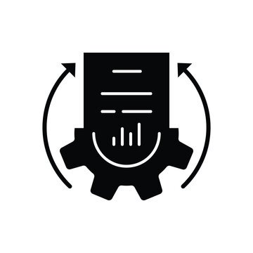 black tech document flow icon. simple silhouette trend modern business or cogwheel logotype graphic