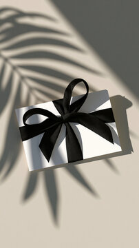 Elegante wei&szlig;e Geschenkkarte mit schwarzer Satinschleife im Sonnenlicht und dekorativem Palmenblattschatten auf minimalistischem Hintergrund