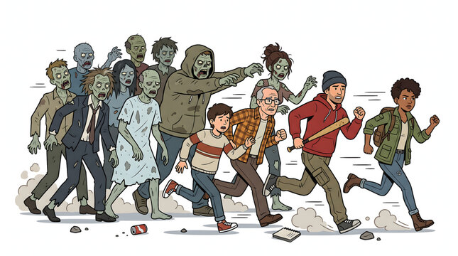 Group of terrified people running away from a horde of zombies in a dark city street