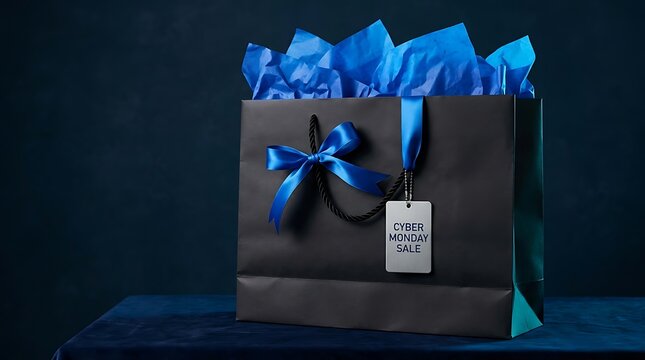 Black shopping bag with blue tissue paper and ribbon bow for cyber monday sale event
