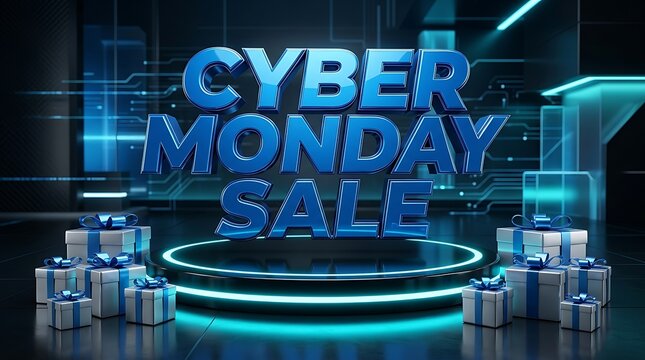 Cyber Monday sale typography with blue 3d text on a futuristic stage background with gift boxes