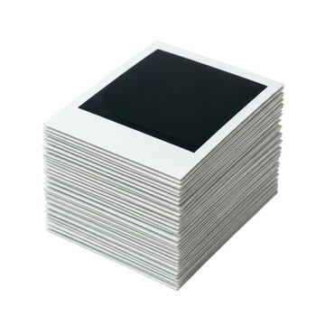 A stack of square instant photo frames with black pictures inside