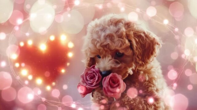 Adorable poodle puppy holding roses with heart background. The 14th of February. Happy Valentine's Day