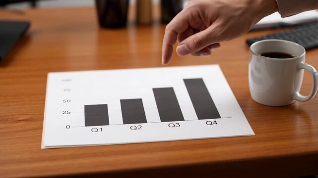A business person reviews a quarterly financial growth chart on a wooden office desk.