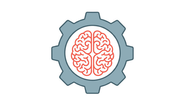 Human brain outline in red placed inside a blue gear cog symbolizing mental processing, intelligence, or engineering.