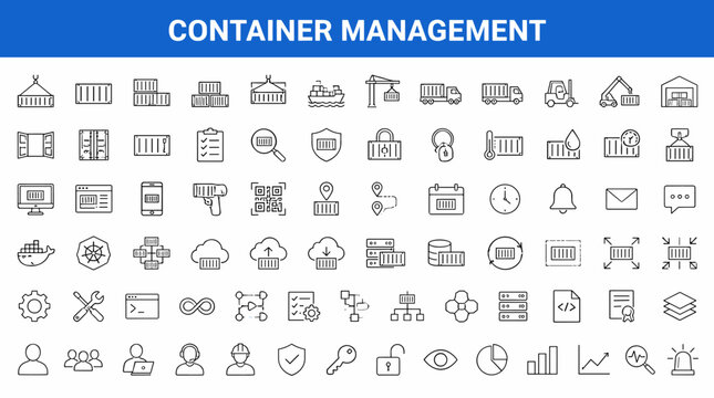 Icon Set Depicting Container Management Elements.