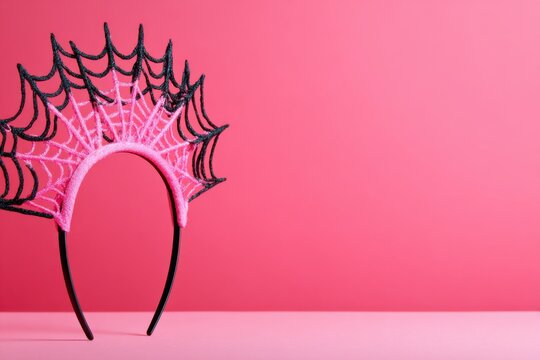 A black and pink glittery spider web headband is placed against a solid pink background.