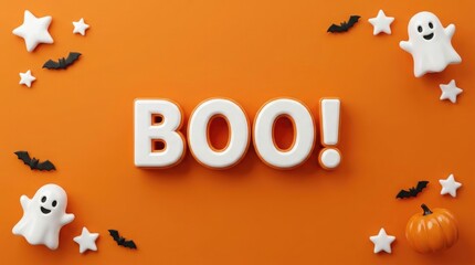 Fototapeta premium Festive halloween flat lay with boo lettering ghosts bats and sparkling stars
