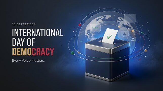 Metallic ballot box with a checkmark digital world illustration