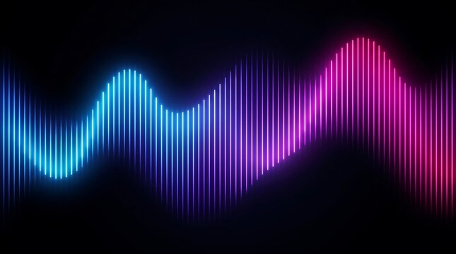 Glowing vertical neon light bars arranged in a rhythmic sine wave pattern on black background with across dark background