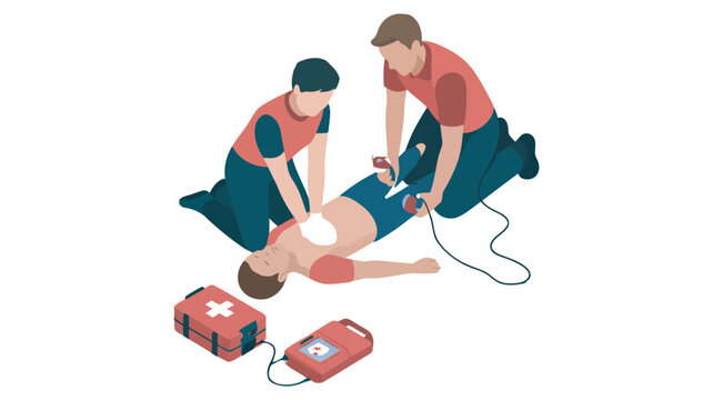 Paramedics performing CPR and using defibrillator on patient, emergency medical rescue, first aid response, ambulance service, healthcare vector illustration.

