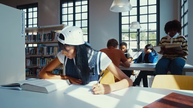 Multiethnic students group collaborating and studying in library
