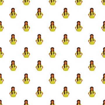 Cute cartoon girl creating a seamless repeating pattern on white background